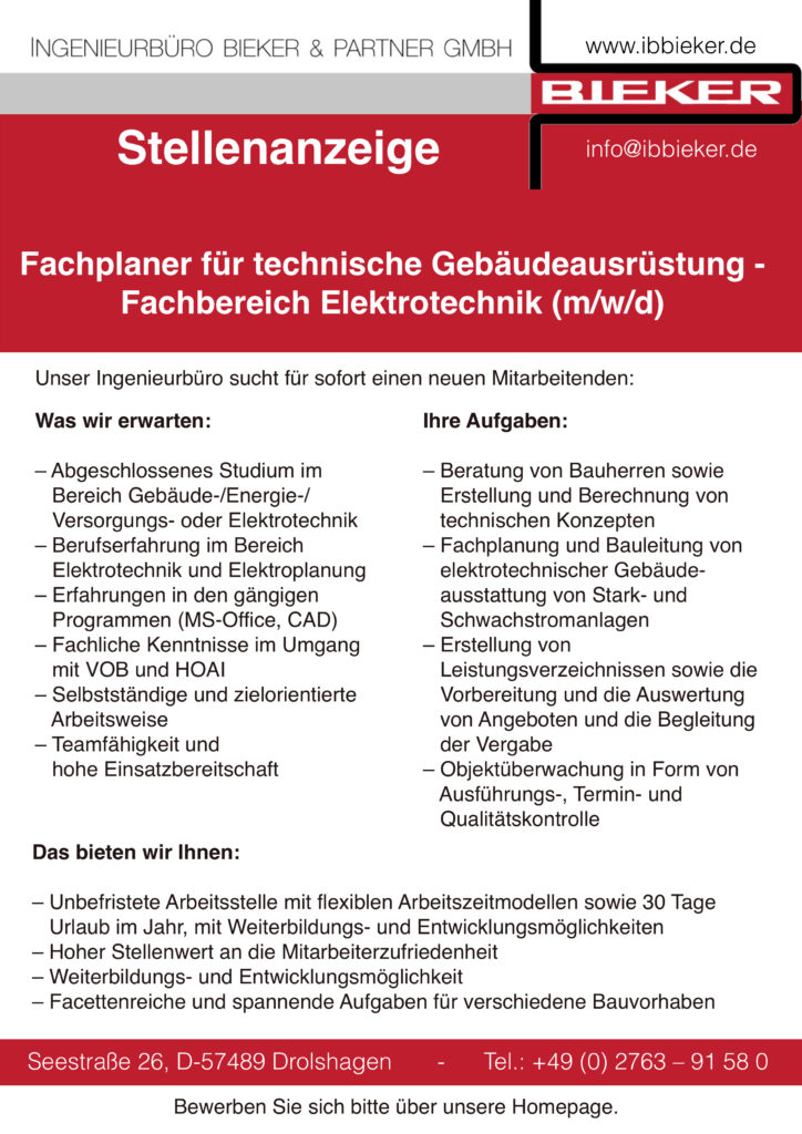 Fachplaner für technische Gebäudeausrüstung - Fachbereich Elektrotechnik (m/w/d)