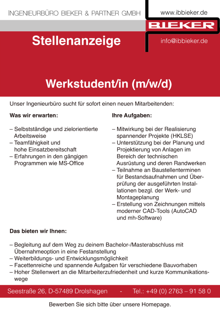 Stellenanzeige - Werkstudent/in(m/w/d) - Drolshagen - Sauerland - Kreis Olpe.